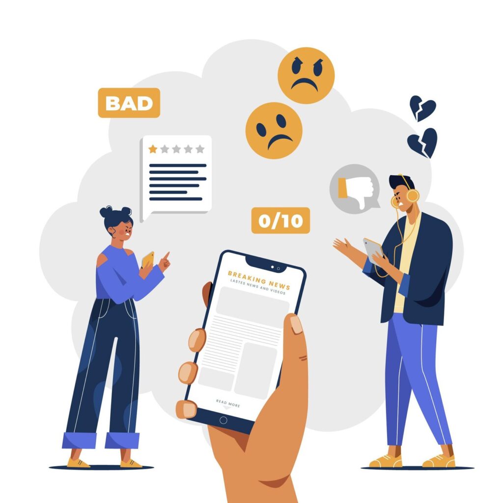 Poor review illustration with two characters leaving ratings and reviews with poor experiences.